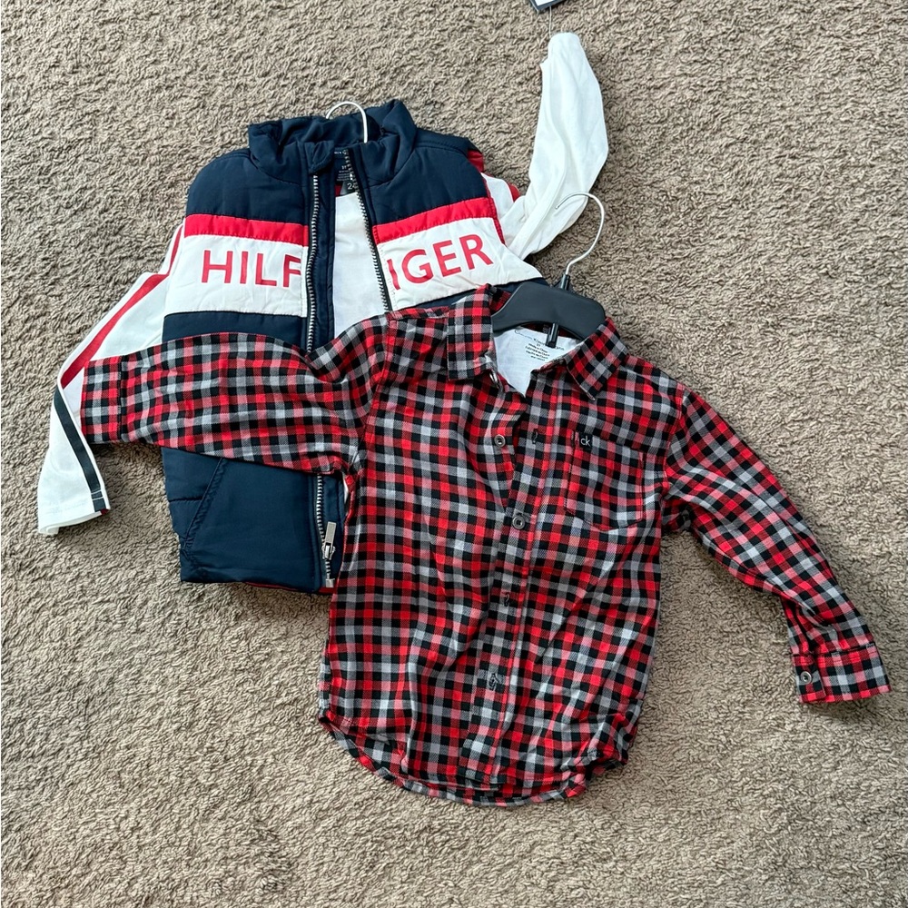 Bundle: 3T set Hilfiger Long Sleeve Shirt & Puffer Vest + Calvin Klein Shirt